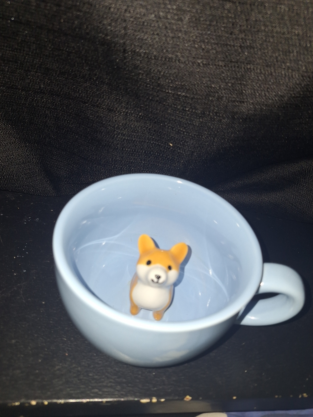 Blue coffee/tea cup with A  Handpainted Peekaboo Corgi hiding Inside